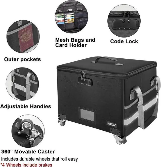 Alt view image 4 of 7 - ENGPOW Fireproof Document Box with Wheels, Collapsible File Box with Lock, Rolling File Storage Organizer Filing Cabinet with Pockets, Portable Home Office Safe for Hanging Letter/Legal Folder