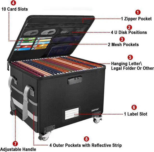 Alt view image 7 of 7 - ENGPOW Fireproof Document Box with Wheels, Collapsible File Box with Lock, Rolling File Storage Organizer Filing Cabinet with Pockets, Portable Home Office Safe for Hanging Letter/Legal Folder