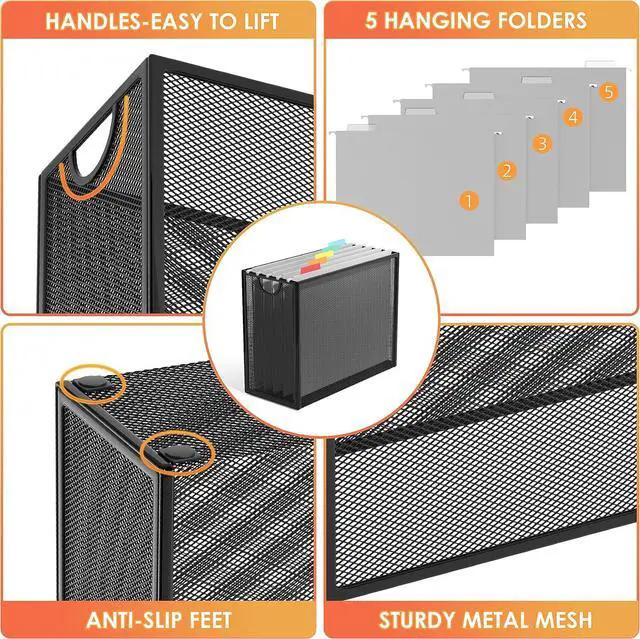 Alt view image 4 of 7 - Sinboun Hanging File Organizer Letter-Size File Holder Filing Box Includes 5 Hanging Folders - Metal Mesh Magazine Letter Storage Cabinets File Cart for Office Home School, No Assembly Required