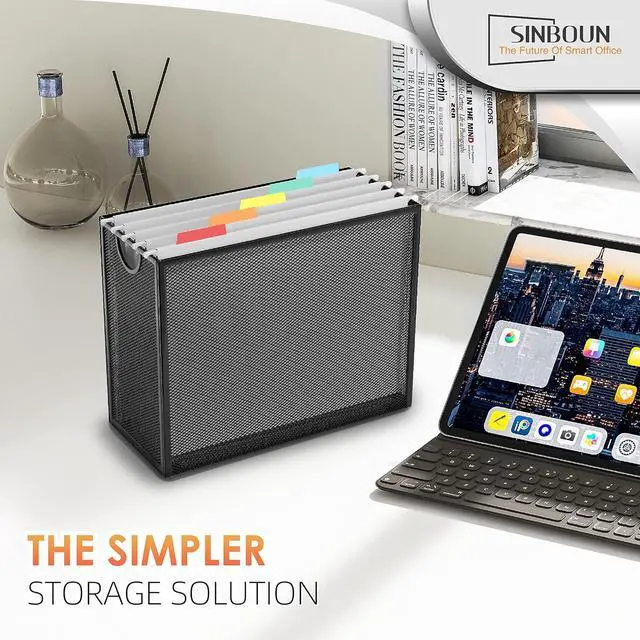 Alt view image 6 of 7 - Sinboun Hanging File Organizer Letter-Size File Holder Filing Box Includes 5 Hanging Folders - Metal Mesh Magazine Letter Storage Cabinets File Cart for Office Home School, No Assembly Required