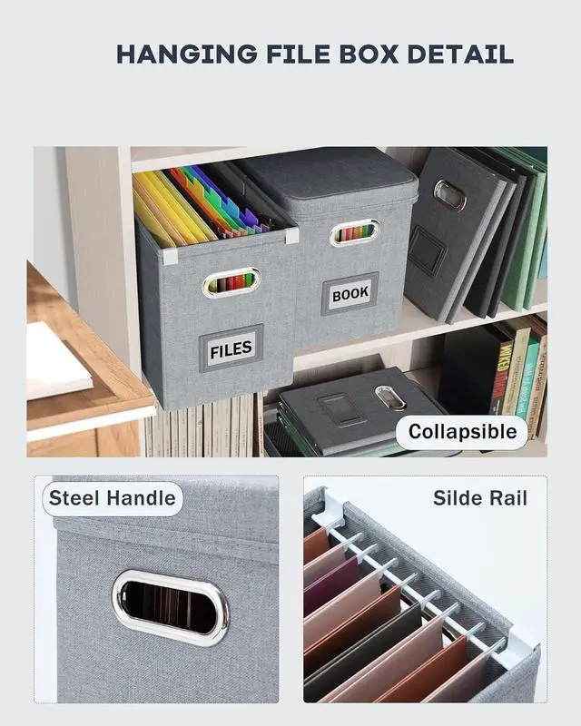 Alt view image 5 of 7 - Oterri File Organizer Box with Lid, Hanging Filing File Box with Mesh Pocket, Document Organizer Box for Letter Files, Portable Storage Box with Smooth Sliding Rail for Office&Home(1 PCS, Grey)