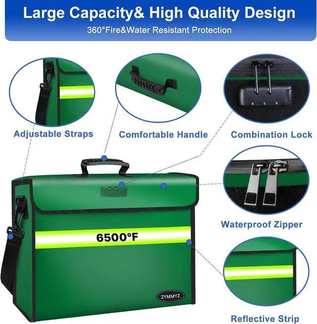 Alt view image 3 of 7 - File Organizer Bag with Removable Folder Layers/Wallet,6500°F Fireproof Document Organizer with Lock&Reflective Strip,Portable Home Travel Safe Storage Box for Important Documents(14.1x9.5x4.2 inches)