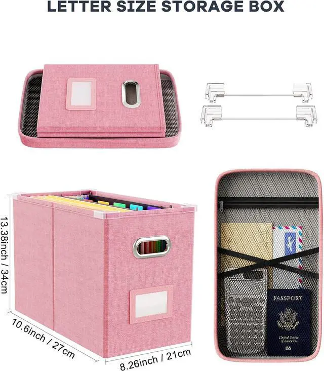 Alt view image 2 of 7 - Oterri File Organizer Box with Lid, Hanging Filing File Box with Mesh Pocket, Document Organizer Box for Letter Files, Portable Storage Box with Smooth Sliding Rail for Office&Home (1 PCS, Pink)