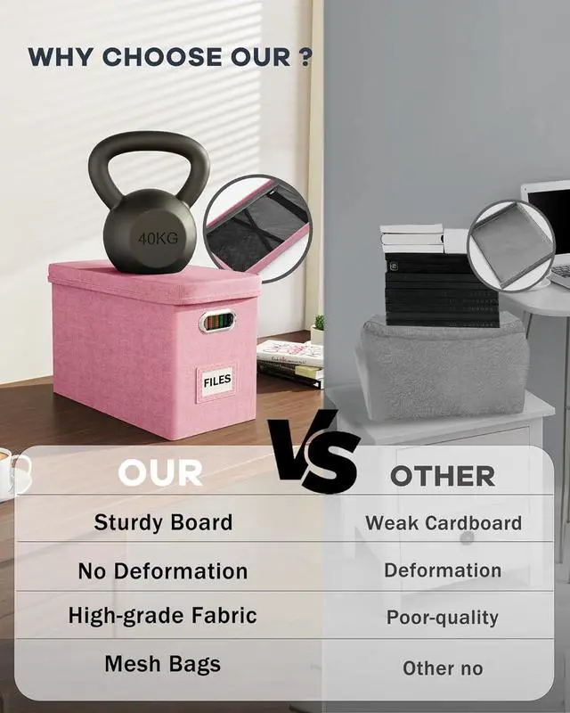 Alt view image 3 of 7 - Oterri File Organizer Box with Lid, Hanging Filing File Box with Mesh Pocket, Document Organizer Box for Letter Files, Portable Storage Box with Smooth Sliding Rail for Office&Home (1 PCS, Pink)