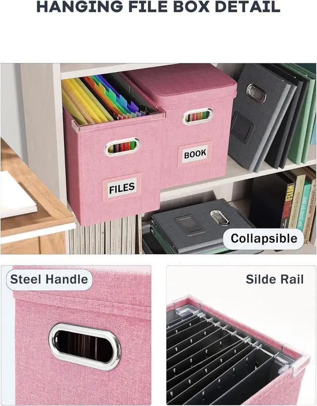 Alt view image 5 of 7 - Oterri File Organizer Box with Lid, Hanging Filing File Box with Mesh Pocket, Document Organizer Box for Letter Files, Portable Storage Box with Smooth Sliding Rail for Office&Home (1 PCS, Pink)