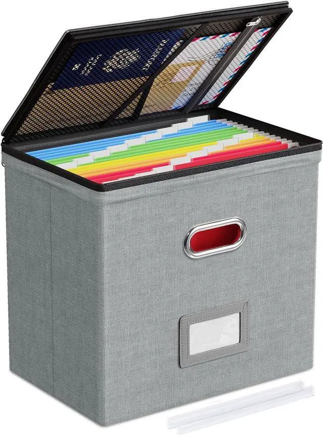 Main image of Oterri 1 Pack File Organizer Boxes with Lids, File Box with Mesh Pockets, Document Organizer Box for File Folders Letter Size, Zippers Filing Box for Home, Office, School (Grey, Without Folders)