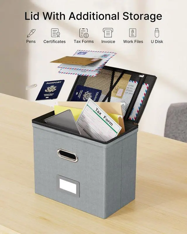 Alt view image 2 of 7 - Oterri 2 Pack File Organizer Boxes with Lids, File Box with Mesh Pockets, Document Organizer Box for File Folders Letter Size, Zippers Filing Box for Home, Office, School (Grey, Without Folders)