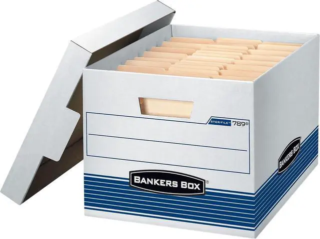 Main image of Bankers Box 4 Pack STOR/FILE Medium-Duty File Storage Boxes, FastFold, Lift-Off Lid, Letter/Legal, White/Blue