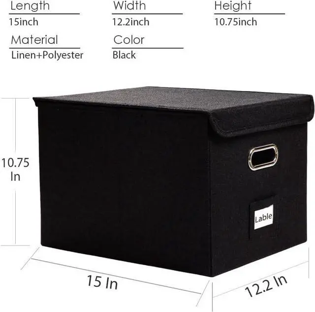 Alt view image 5 of 7 - PRANDOM File Organizer Box - Set of 1 Collapsible Decorative Linen Filing Storage Hanging File Folders with Lids Office Cabinet Letter Size Black (15x12.2x10.75 inch)