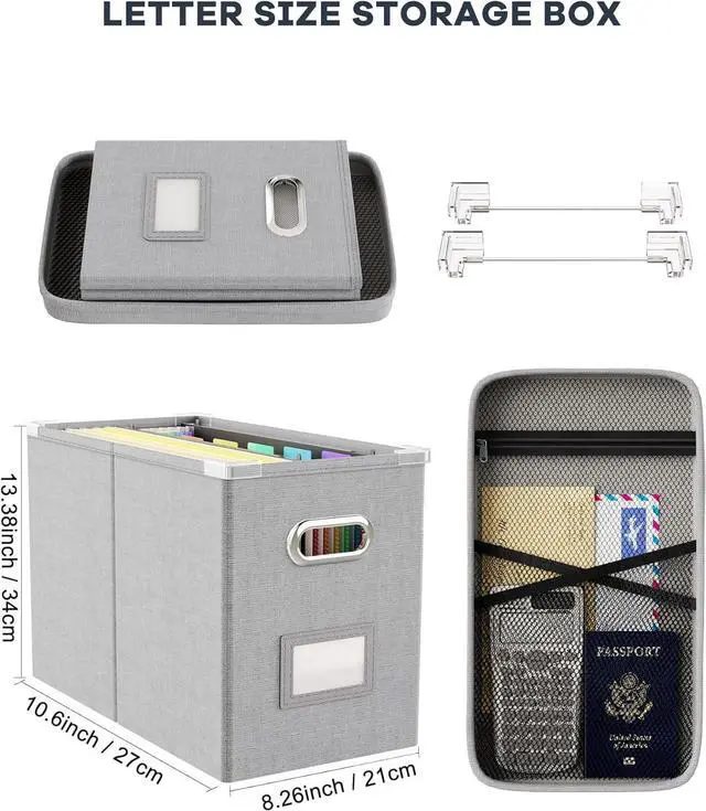 Alt view image 2 of 7 - Oterri File Organizer with Lid, Hanging Filing Box with Mesh Pocket, Document Organizer for Letter Files, Portable Storage Box with Smooth Sliding Rail for Office & Home (1 PCS, Light Grey)