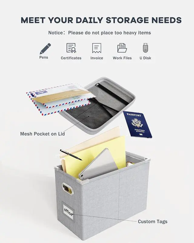 Alt view image 4 of 7 - Oterri File Organizer with Lid, Hanging Filing Box with Mesh Pocket, Document Organizer for Letter Files, Portable Storage Box with Smooth Sliding Rail for Office & Home (1 PCS, Light Grey)