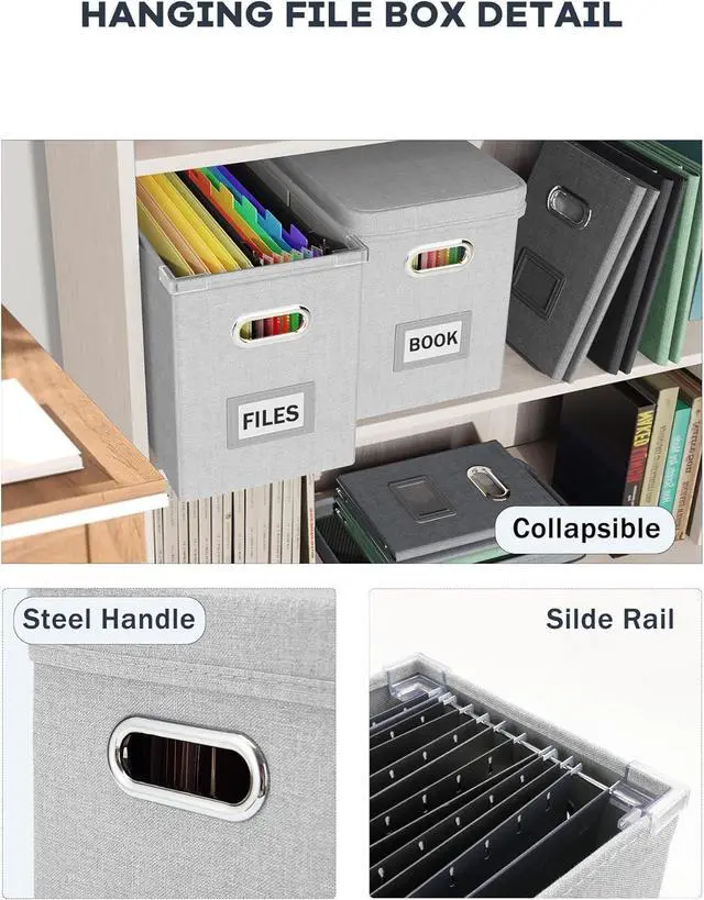 Alt view image 5 of 7 - Oterri File Organizer with Lid, Hanging Filing Box with Mesh Pocket, Document Organizer for Letter Files, Portable Storage Box with Smooth Sliding Rail for Office & Home (1 PCS, Light Grey)