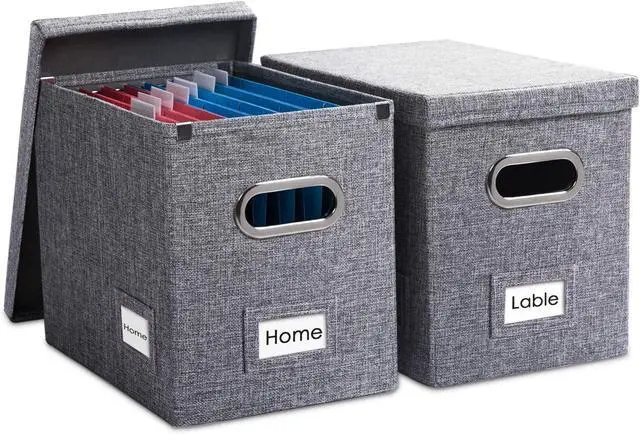 Main image of PRANDOM File Organizer Box - Set of 2 Collapsible Decorative Linen Filing Storage Hanging File Folders with Lids Office Cabinet Letter Size Grey (14x9.3x10.8 inch)