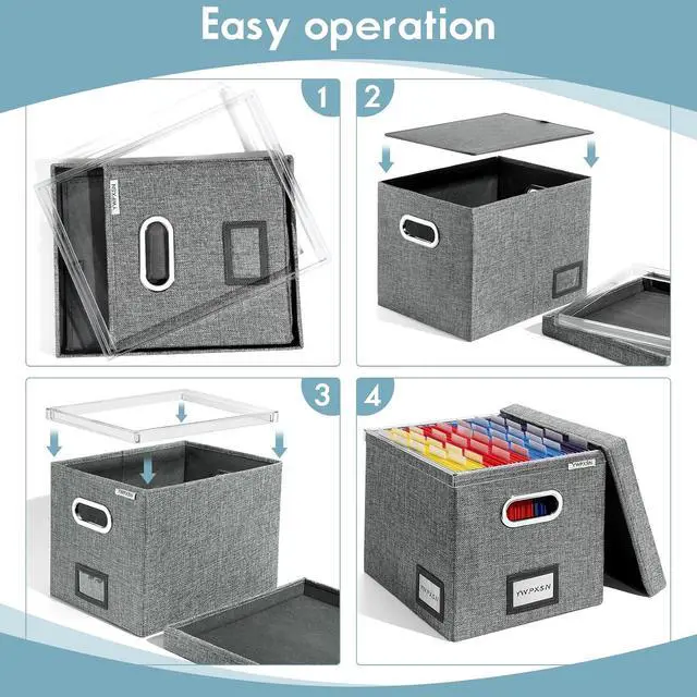 Alt view image 3 of 7 - File Organizer Box with Lid - Hanging File Box with One-Piece Plastic Frame - Collapsible Decorative Document Storage Bins for Office Home (Dark Grey, 13.2x10.1x10.1in(2Pack))