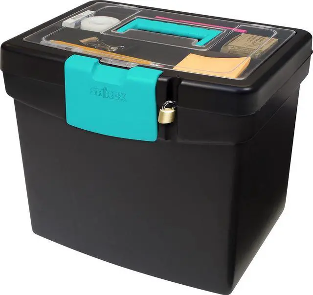 Main image of Storex File Storage Box with XL Storage Lid, 10-7/8 x 13-1/4 x 11 Inches, Black/Teal