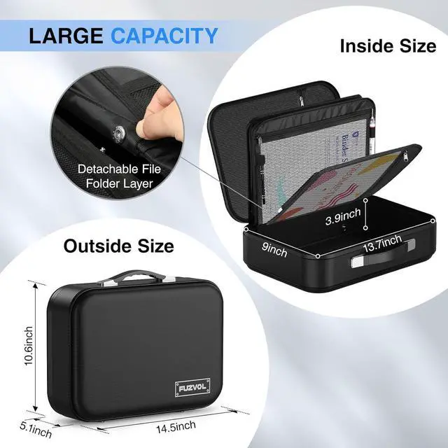 Alt view image 5 of 7 - Fireproof Document Box Hard Case Fire Proof Safe with Lock Important Document Organizer Hard-Shell Design Waterproof Portable File Organizer for Certificates Valuables Storage, Black
