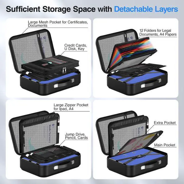 Alt view image 6 of 7 - Fireproof Document Box Hard Case Fire Proof Safe with Lock Important Document Organizer Hard-Shell Design Waterproof Portable File Organizer for Certificates Valuables Storage, Black