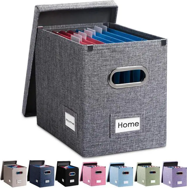 Main image of PRANDOM File Organizer Box - Set of 1 Collapsible Decorative Linen Filing Storage Hanging File Folders with Lids Office Cabinet Letter Size Grey (14x9.3x10.8 inch)