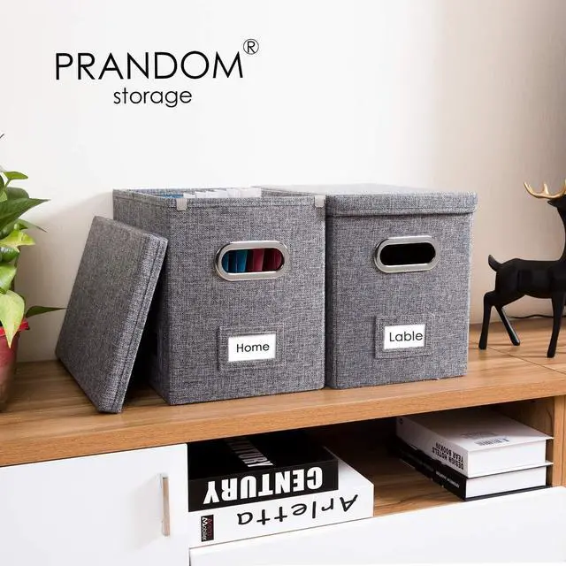 Alt view image 3 of 7 - PRANDOM File Organizer Box - Set of 2 Collapsible Decorative Linen Filing Storage Hanging File Folders with Lids Office Cabinet Letter Size Grey (14x9.3x10.8 inch)
