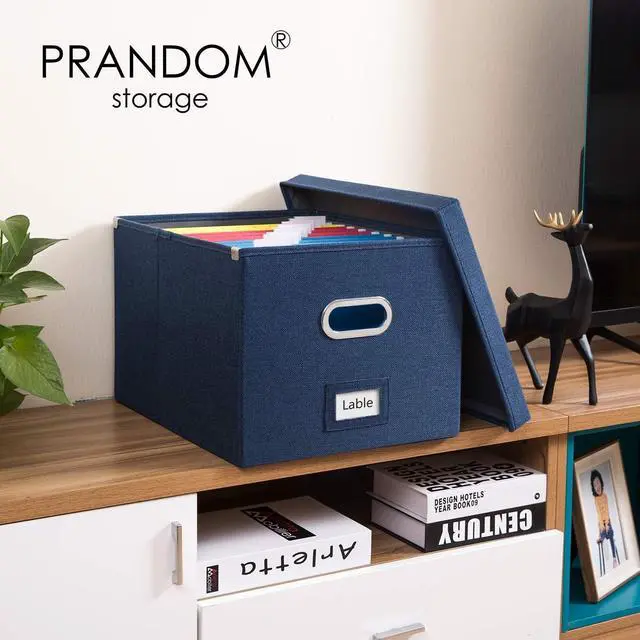 Alt view image 2 of 7 - PRANDOM File Organizer Box - Set of 1 Collapsible Decorative Linen Filing Storage Hanging File Folders with Lids Office Cabinet Letter/Legal Size Navy Blue (17x14x11.2 inch)