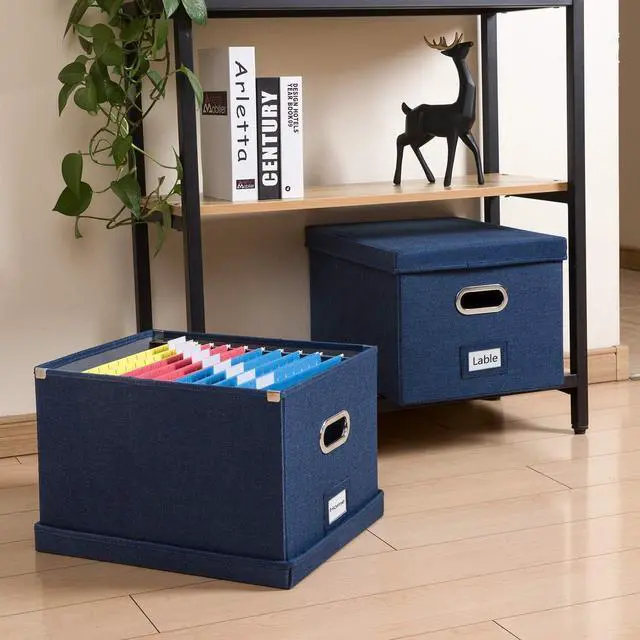 Alt view image 3 of 7 - PRANDOM File Organizer Box - Set of 1 Collapsible Decorative Linen Filing Storage Hanging File Folders with Lids Office Cabinet Letter/Legal Size Navy Blue (17x14x11.2 inch)