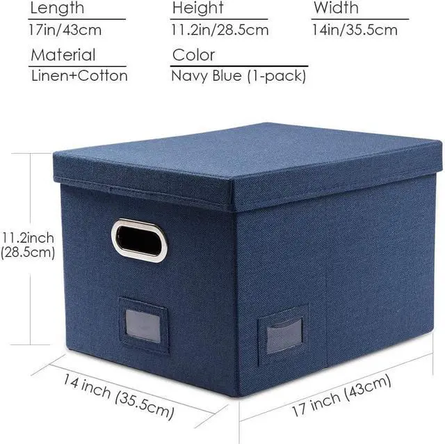Alt view image 7 of 7 - PRANDOM File Organizer Box - Set of 1 Collapsible Decorative Linen Filing Storage Hanging File Folders with Lids Office Cabinet Letter/Legal Size Navy Blue (17x14x11.2 inch)