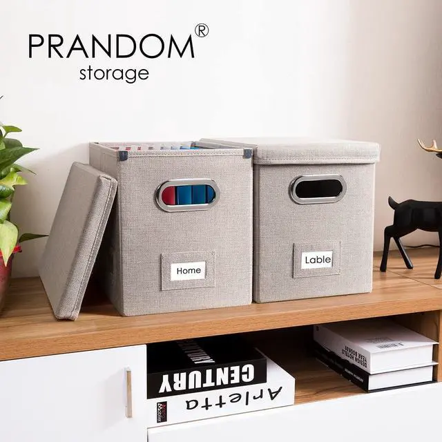 Alt view image 2 of 7 - PRANDOM File Organizer Box - Set of 2 Collapsible Decorative Linen Filing Storage Hanging File Folders with Lids Office Cabinet Letter Size Light Grey (14x9.3x10.8 inch)