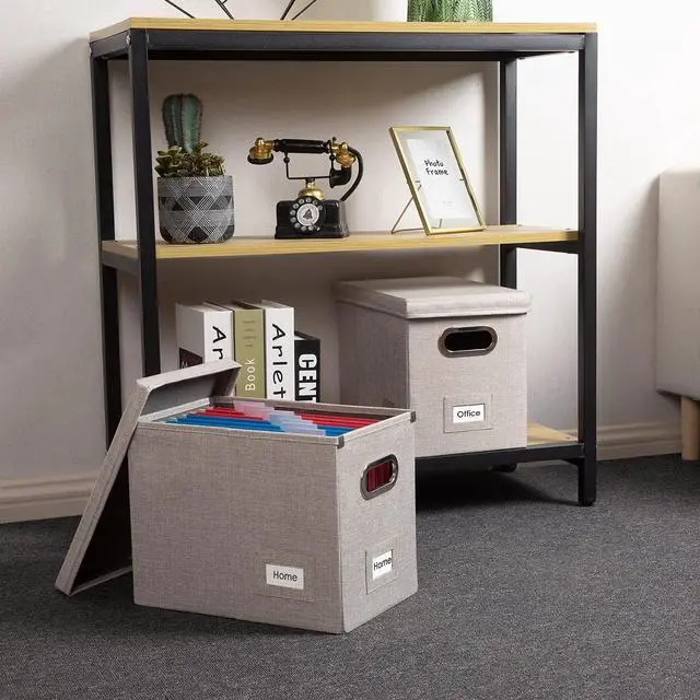 Alt view image 3 of 7 - PRANDOM File Organizer Box - Set of 2 Collapsible Decorative Linen Filing Storage Hanging File Folders with Lids Office Cabinet Letter Size Light Grey (14x9.3x10.8 inch)