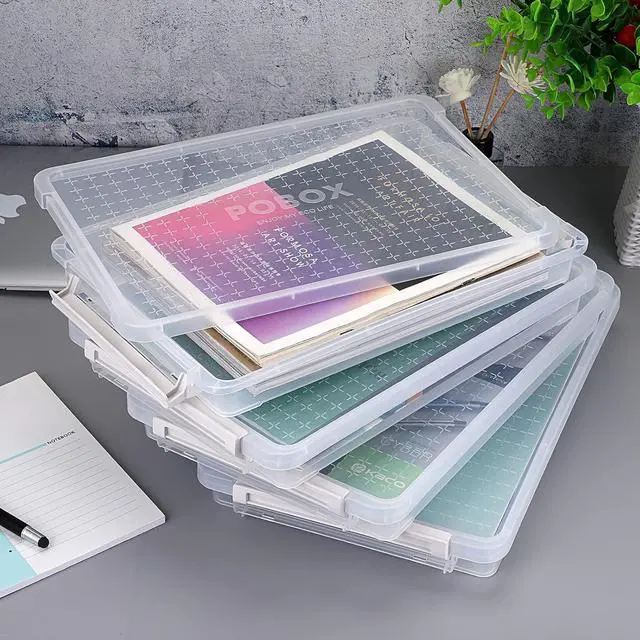 Alt view image 2 of 7 - BTSKY 4 Pack A4 Plus Clear Plastic Stackable Storage Box Desk Paper Magazine Container with Buckle, Office Supplies Accessories File Protector Case Organizer, Portable Project Case Document Holders
