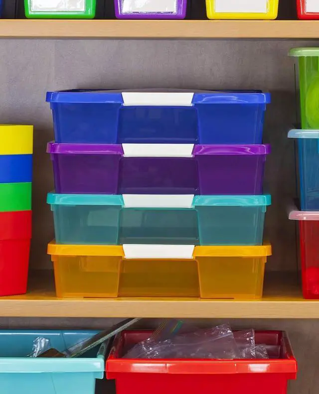 Alt view image 3 of 7 - Storex Classroom Student Project Box, Plastic, 15.25 x 13.25 x 3.25 inches , Assorted Tints, 5-Pack (63202U05C), standard sized