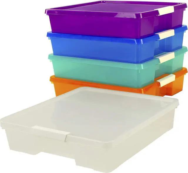 Alt view image 4 of 7 - Storex Classroom Student Project Box, Plastic, 15.25 x 13.25 x 3.25 inches , Assorted Tints, 5-Pack (63202U05C), standard sized