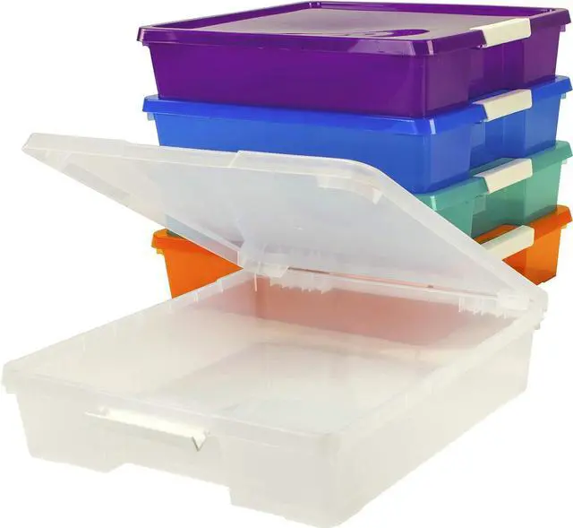Alt view image 6 of 7 - Storex Classroom Student Project Box, Plastic, 15.25 x 13.25 x 3.25 inches , Assorted Tints, 5-Pack (63202U05C), standard sized