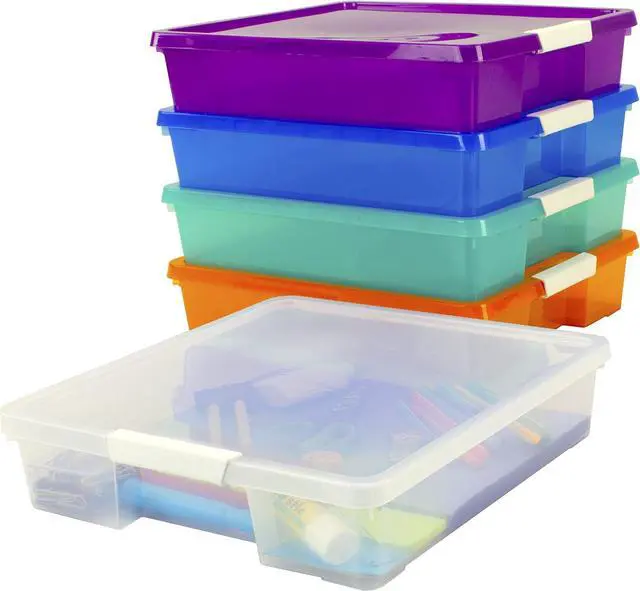 Alt view image 7 of 7 - Storex Classroom Student Project Box, Plastic, 15.25 x 13.25 x 3.25 inches , Assorted Tints, 5-Pack (63202U05C), standard sized