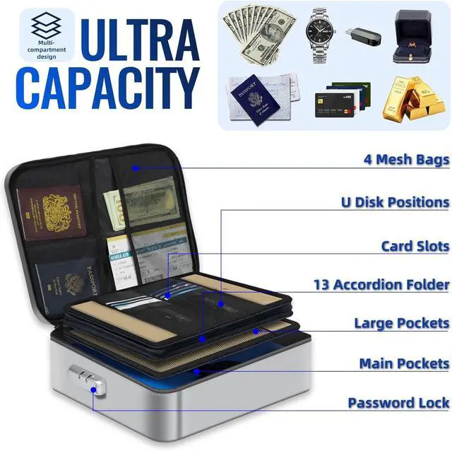 Alt view image 4 of 7 - Fireproof Document Box w/Lock & Reflective Strip, Fireproof Waterproof Document Organizer, Safe Bag for Important File Storage, Portable for Travel, for Tax Files, Paper, Certificates(Silver)