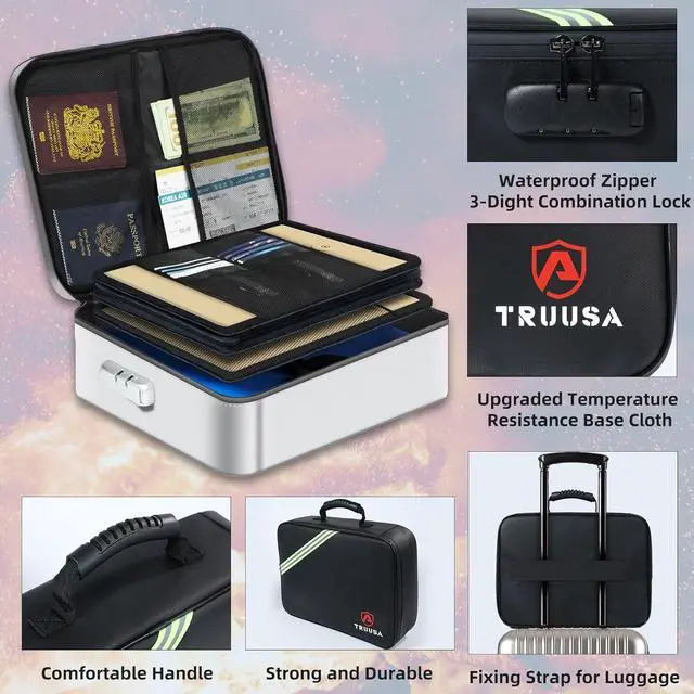 Alt view image 7 of 7 - Fireproof Document Box w/Lock & Reflective Strip, Fireproof Waterproof Document Organizer, Safe Bag for Important File Storage, Portable for Travel, for Tax Files, Paper, Certificates(Silver)