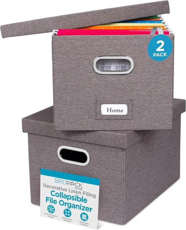 Main image of Internet's Best Collapsible File Storage Organizer with Lid - Decorative Linen Filing & Storage Office Box  Hanging Letter/Legal Folder  Home Office Bins Cabinet  Grey Container - 2 Pack