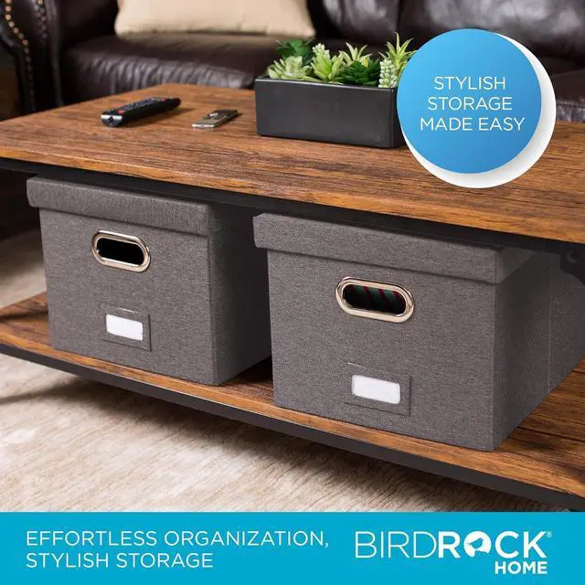 Alt view image 2 of 7 - Internet's Best Collapsible File Storage Organizer with Lid - Decorative Linen Filing & Storage Office Box  Hanging Letter/Legal Folder  Home Office Bins Cabinet  Grey Container - 2 Pack