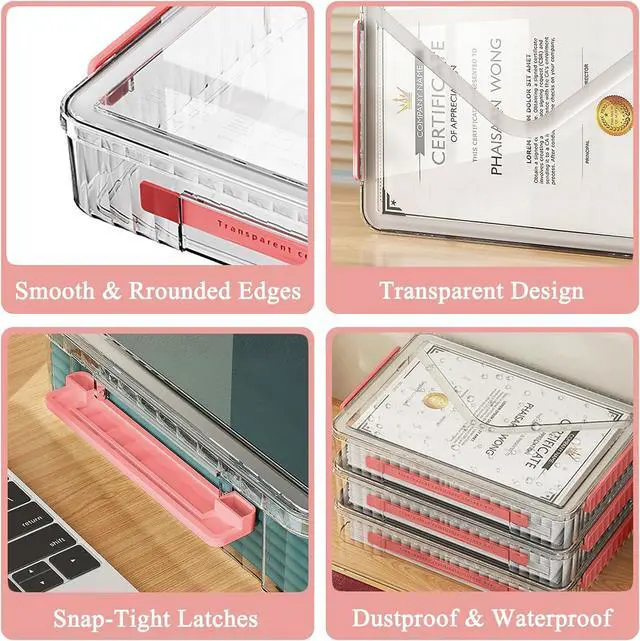 Alt view image 4 of 7 - SAYEEC Clear File Storage Box Portable Project Case with Handle Plastic Storage Container with Lid Stackable Flat Storage Bin Document Magazine Protector Organizer for A4 Paper Photo Craft Scrapbook