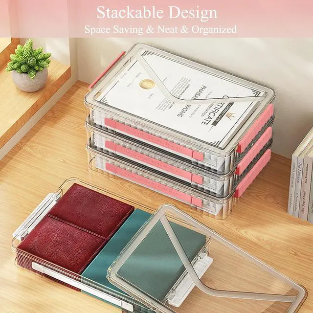 Alt view image 6 of 7 - SAYEEC Clear File Storage Box Portable Project Case with Handle Plastic Storage Container with Lid Stackable Flat Storage Bin Document Magazine Protector Organizer for A4 Paper Photo Craft Scrapbook