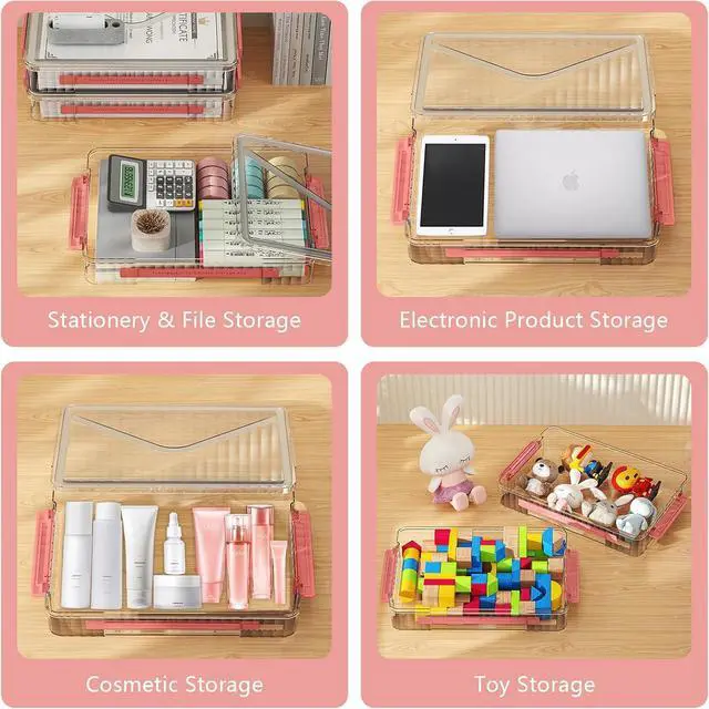 Alt view image 7 of 7 - SAYEEC Clear File Storage Box Portable Project Case with Handle Plastic Storage Container with Lid Stackable Flat Storage Bin Document Magazine Protector Organizer for A4 Paper Photo Craft Scrapbook