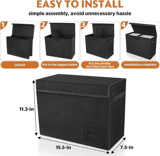 Alt view image 3 of 7 - 2-Pack Comic Book Storage Boxes, Collapsible Comics Book Case with Dividers and Carrying Handles, Comic Short Box Holds 150 Comics, 15.5" X 7.5" X 11.3" Heavy-Duty Stackable Case