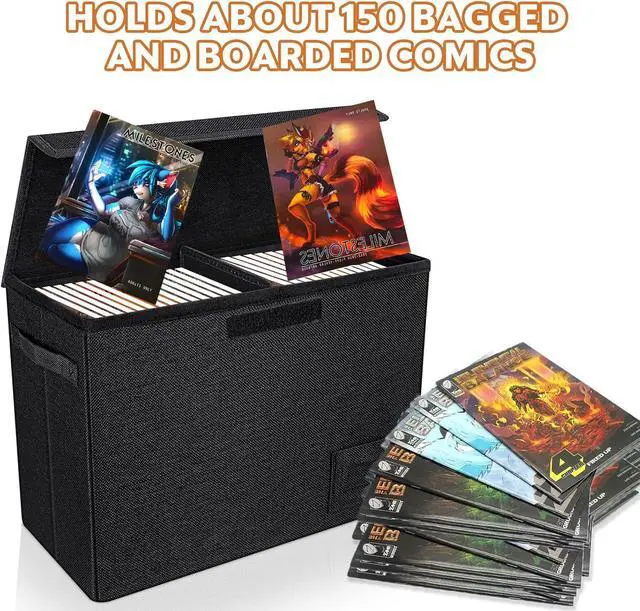 Alt view image 5 of 7 - 2-Pack Comic Book Storage Boxes, Collapsible Comics Book Case with Dividers and Carrying Handles, Comic Short Box Holds 150 Comics, 15.5" X 7.5" X 11.3" Heavy-Duty Stackable Case
