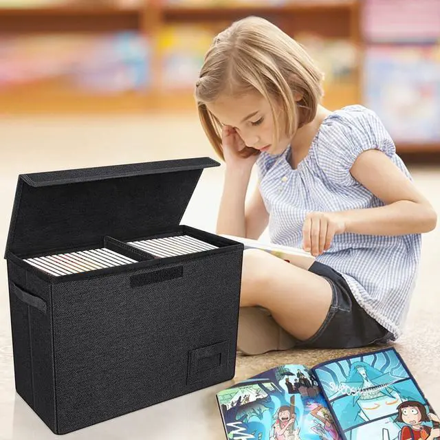 Alt view image 6 of 7 - 2-Pack Comic Book Storage Boxes, Collapsible Comics Book Case with Dividers and Carrying Handles, Comic Short Box Holds 150 Comics, 15.5" X 7.5" X 11.3" Heavy-Duty Stackable Case