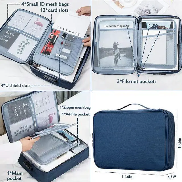 Alt view image 3 of 6 - A4 Letter Size Document Organizer with Password Lock, Portable File Holder with 2 Separators Multi-Function Document Storage Bag for Laptop, Contracts, passports, certificates(Navy Blue)