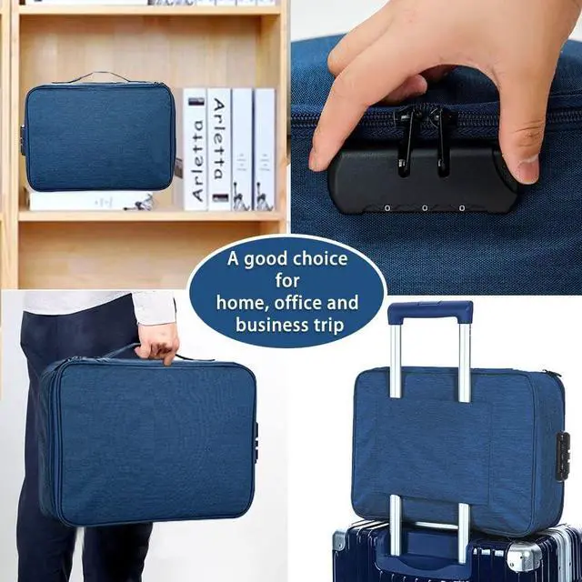Alt view image 6 of 6 - A4 Letter Size Document Organizer with Password Lock, Portable File Holder with 2 Separators Multi-Function Document Storage Bag for Laptop, Contracts, passports, certificates(Navy Blue)