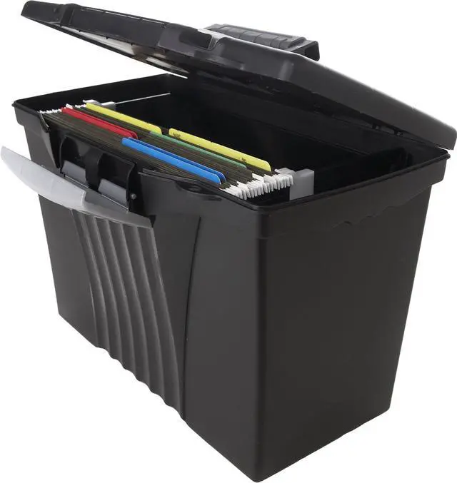 Alt view image 6 of 7 - Storex Legal File Box with Organizer Lid  Plastic Office File Storage Box for Letter and Legal Hanging Folders, 17.13 x 9.63 x 11 Inches, Black, 1-Count (61510C01C)