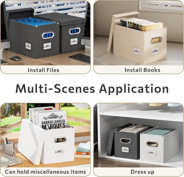 Alt view image 2 of 6 - File Organizer Box with Lid - Set of 2 Portable Hanging filebox, Collapsible Linen Decorative Filing Storage Boxes for Office & Home File Cabinet (Beige 14 x 9.3 x 10.9 inch)
