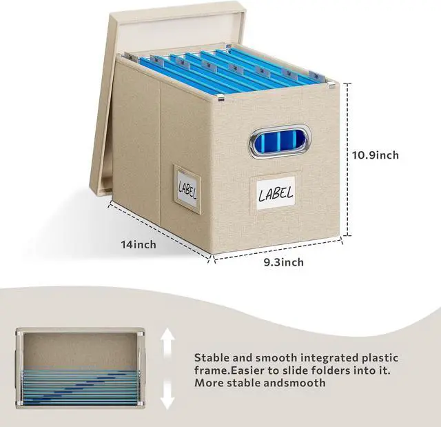 Alt view image 3 of 6 - File Organizer Box with Lid - Set of 2 Portable Hanging filebox, Collapsible Linen Decorative Filing Storage Boxes for Office & Home File Cabinet (Beige 14 x 9.3 x 10.9 inch)