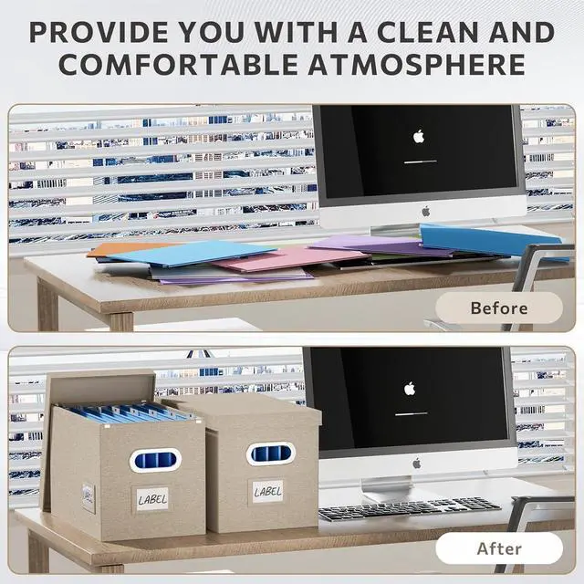Alt view image 5 of 6 - File Organizer Box with Lid - Set of 2 Portable Hanging filebox, Collapsible Linen Decorative Filing Storage Boxes for Office & Home File Cabinet (Beige 14 x 9.3 x 10.9 inch)