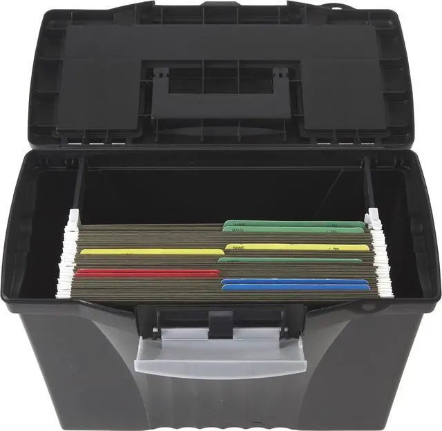 Alt view image 4 of 7 - Storex Legal File Box with Organizer Lid  Plastic Office File Storage Box for Letter and Legal Hanging Folders, 17.13 x 9.63 x 11 Inches, Black, 1-Count (61510C01C)